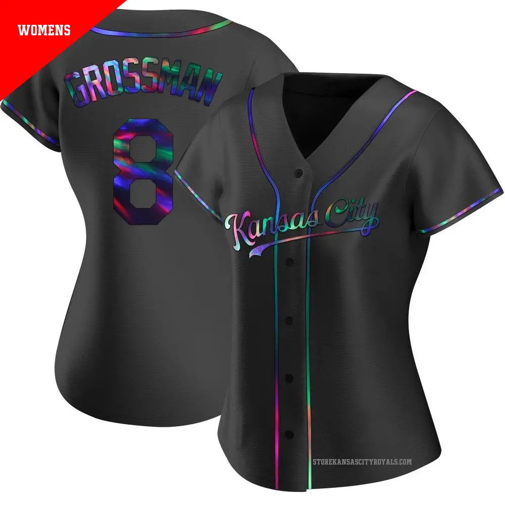 Women's ＃8 Robbie Grossman Kansas City Royals Black Replica Holographic Alternate Jersey