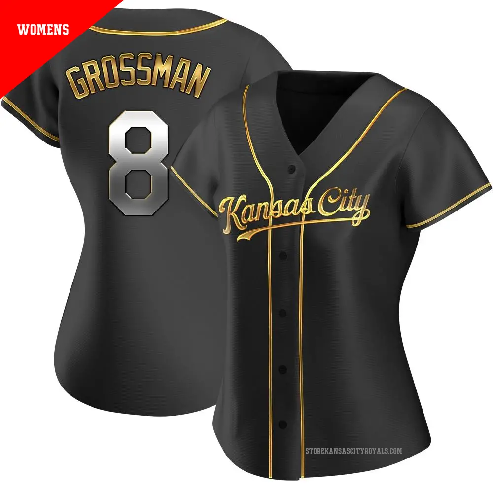 Women's ＃8 Robbie Grossman Kansas City Royals Gold Replica Black en Alternate Jersey