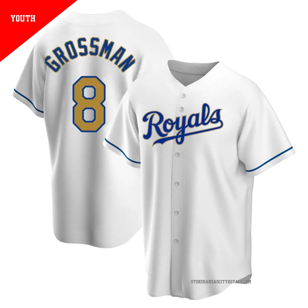 Youth ＃8 Robbie Grossman Kansas City Royals Gold Replica White Home Jersey